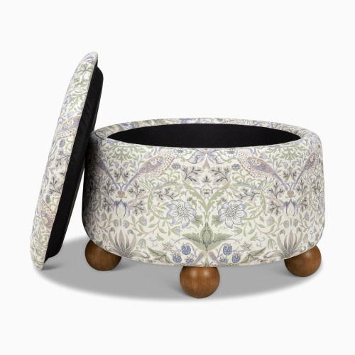 Namesake Morris & Co. x Namesake Tuffet Storage Ottoman - Strawberry Thief In Fig & Thyme Performance Eco-Weave
