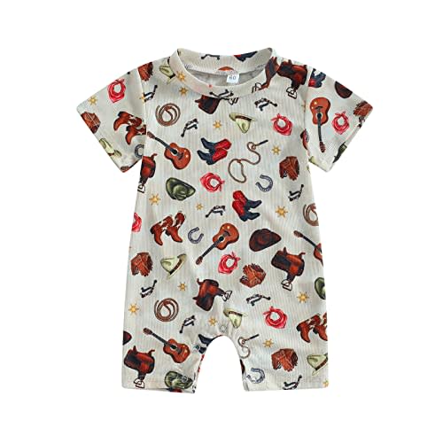 Gueuusu Country Baby Clothes Boy Girl Western Cow Print Short Sleeve Romper Bodysuit Ribbed One Piece Jumpsuit Summer Outfit