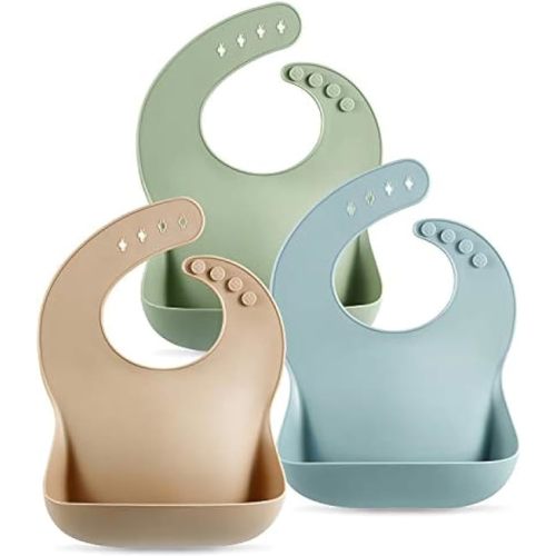 PandaEar Set of 3 Cute Silicone Bibs for Babies & Toddlers (10-72 Months) Waterproof, Soft, Unisex, Non Messy (Brown/Blue/Green)