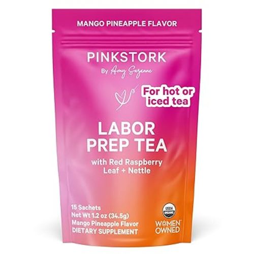 Pink Stork Organic Red Raspberry Leaf Labor Prep Tea - Mango-Pineapple with Nettle, and Moringa - Third Trimester Pregnancy Tea - Labor and Delivery Essentials for Women, 30 Cups