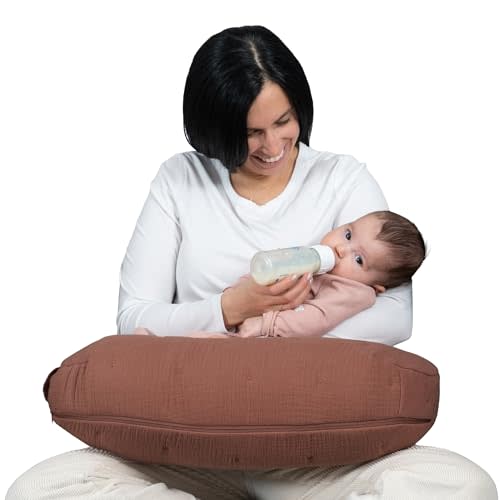 Boppy Nursing Pillow, Cotton Muslin Ergonomic Breastfeeding Support Pillow | Bottle & Breastfeeding Pillow, High Lift & Firm Support, Water-Resistant, Washable Cotton Muslin Cover - Chestnut