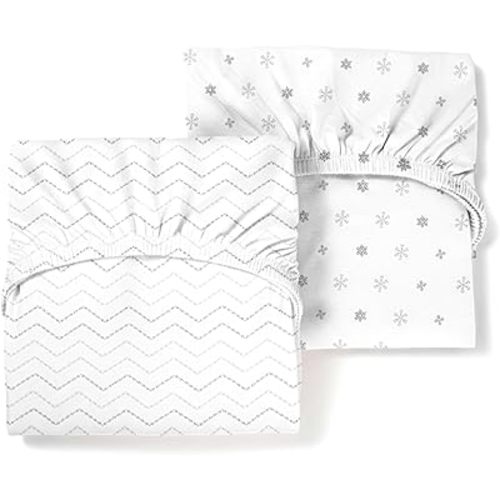 Guava Lotus Travel Crib Sheets (Set of 2) – 100% Organic Cotton Fitted Sheets for Baby Play Yard & Mini Crib Mattress – Super Soft Jersey Knit – Snug Fit & Washable (Grey & White)