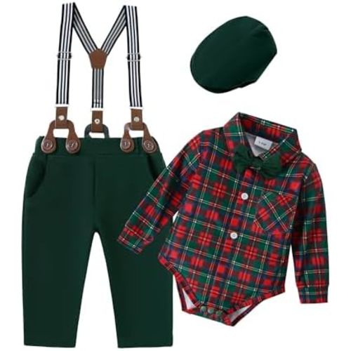 ZOEREA Baby Boy Suit 0-24M Gentleman Outfit Clothes Set Infant Long Sleeve Dress Shirt+Suspender Pants+Bowtie+Beret Hat