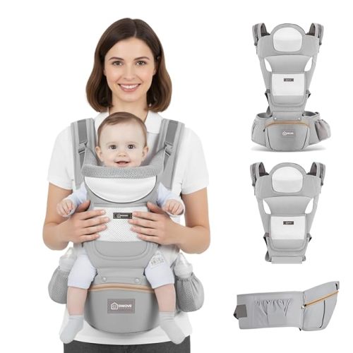 6-in-1 Ergonomic Baby Carrier with Detachable Hip Seat & Head Support, Adjustable Waist Fits 29-42 inches & Shoulder Straps, M-Shape Toddler Carrier with Big Storage Pocket for Newborn to Toddler