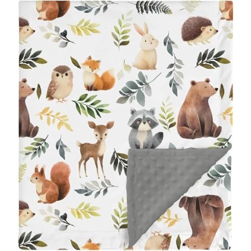 HawSkgFub Forest Woods Animals Leaf Mink Baby Blankets with Dotted Backing Boy Girl Shower Gift, Bear Fox Deer Owl Double Layer Nursery Swaddle, Soft Newborn Infant Toddler Bed Crib Bedding 30 x 40