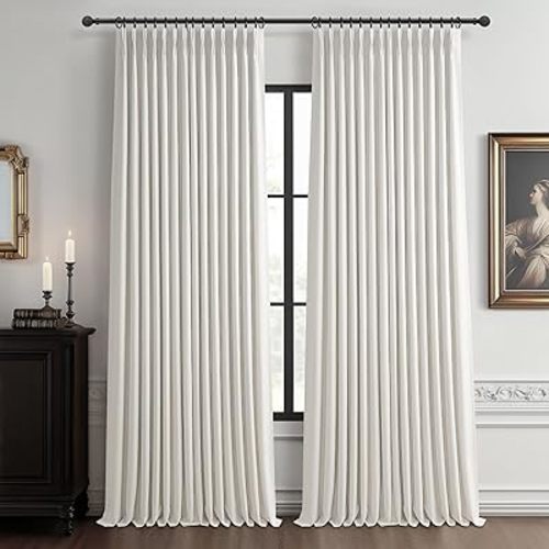 100% Blackout Linen 96 Inch Curtains 2 Panel Set for Bedroom, Modern Pinch Pleated Natural Linen Off Beige White Insulated Heavy Curtain 40 x 96 Inches Length Sliding Glass Door Room Darkening Drapes