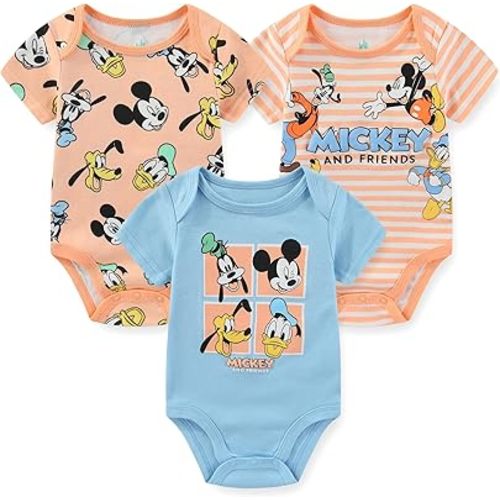 Disney Baby Boys Mickey Mouse Donald Duck Goofy Pluto 3 Pack Bodysuit for Newborn and Infant
