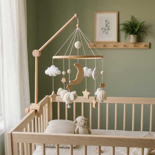 Neutral Sheep Baby Mobile with Wooden Moon and Stars, Cloud Nursery Decor, Gender Neutral Crib Mobile, Optional Wooden Arm Attachment