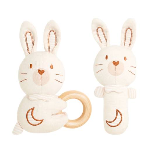 Kiddiway Baby Soft Cotton Rattle Teether Set - Organic Cotton Stuffed Animal Style, Organic Cotton Baby Toys, Plush Figurine, Soothing Teether, Sensory Development, Stroller Hanging,b