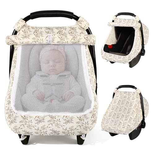 Pea Pod Car Seat Covers for Babies, Muslin Cotton Baby Car Seat Cover with Breathable Zippable Mesh Window, Universal Infant Carseat Cover, Baby Summer Travel Essentials for Boys, Girls (Boho Leaf)