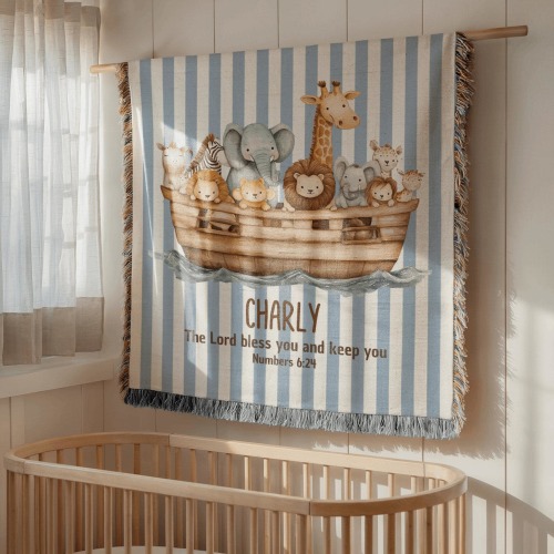 Personalized Noah's Ark Baptism Blanket Custom Baptism gift Boy Baby Christening Gift Woven Throw Name Blanket Christian Baby Shower gifts