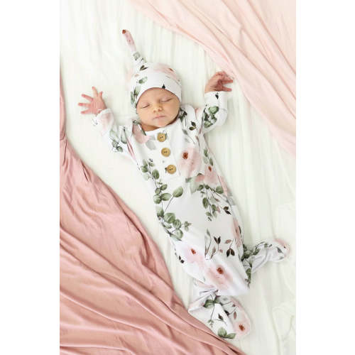 Millies Dusty Rose Garden Newborn Baby Knot Gown & Hat Set