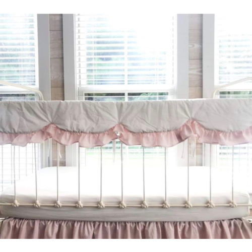 White and Baby Pink Scalloped Crib Rail Cover | Luxury Nursery Bedding