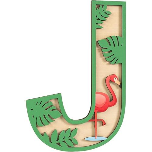 3D Layered Safari Nursery Wooden Letters for Wall Decor, 11.8" Green Large Baby Name Sign for Nursery, Animal Wood Alphabet Letter J Kids Room Initials for Front Door Shelf Home Decorations