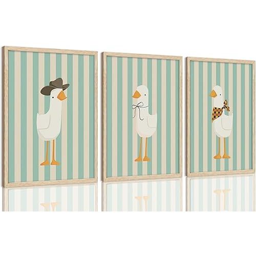 SongZest 3 Piece Framed Wall Art Cowboy Goose Wall Decor Animal Canvas Art Cute Pictures Funny Paintings Striped Prints Retro Artwork for Nursery Playroom Children Kids Baby
