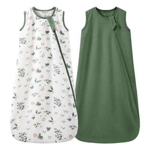 2Pcs Mosebears 0.5 Tog Baby Sleeping Bag - Cotton Summer Sleep Sack for Newborns, Boys & Girls(DarkGreen#Plant,S(0-6 Months))