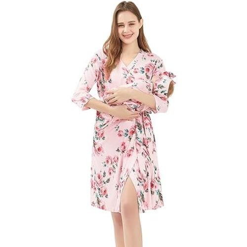 Galabloomer Maternity Robe and Baby Receiving Blanket, Matching Mommy Labor Delivery Robe and Swaddle Set Little Red Heart