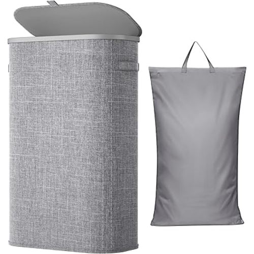 Lifewit Slim Laundry Basket with Lid, Narrow Large Laundry Hamper with Plastic Handles and Removable Bag, Tall Foldable Dirty Clothes Hampers for Laundry Room, Bedroom, Bathroom, Dorm, 65L Gray