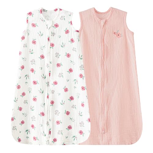 david's kids Muslin Cotton Baby Sleep Sack 0-6 Months, 2 Pack 100% Cotton Sleeping Bag for Summer, TOG 0.5 Baby Wearable Blankets with 2-Way Zipper, Soft Sleep Sacks for Newborn Infant, Pink Floral