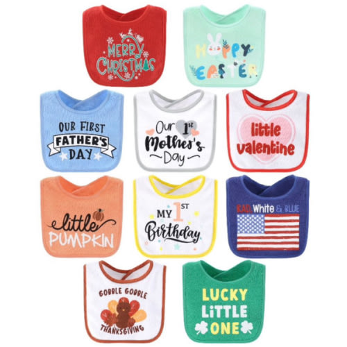 The Peanutshell Baby Boy or Girl Terry Bibs Set of 10-100% Cotton, Soft, Absorbent Baby Bibs, Unisex Toddler Boy or Girl Set, Newborn & Infant - Holiday