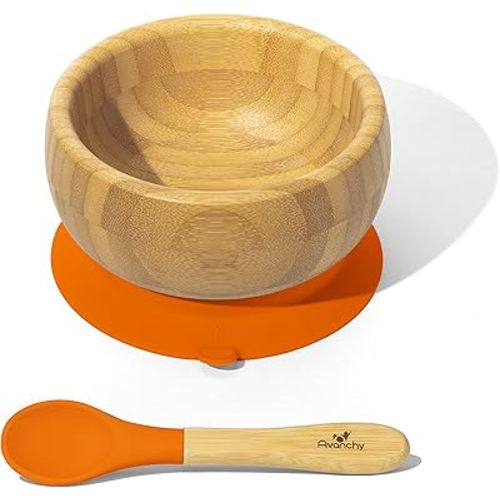 Avanchy Bamboo Baby Bowl with Spoon and Removable Silicone Suction Base – Non-Toxic, BPA-Free Feeding Bowl for Babies and Toddlers – Natural Bamboo Suction Bowl, Orange