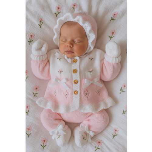 Hand-Knitted Baby Girl Coming Home Outfit – Newborn Knit Set with Cardigan, Hat, Booties & Mittens –  Baby Shower Gift
