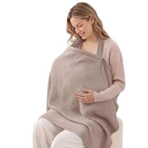 Blissful Diary Muslin Nursing Cover for Breastfeeding, Breathable Breastfeeding Cover up with Arch Neckline for Women, Nursing Apron (Agreeable Gray)