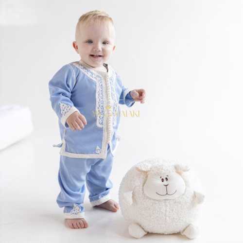 Traditional Moroccan Jabador for Kids in Sky Blue Handmade 2 Piece Set for Eid Weddings And Special Celebrations