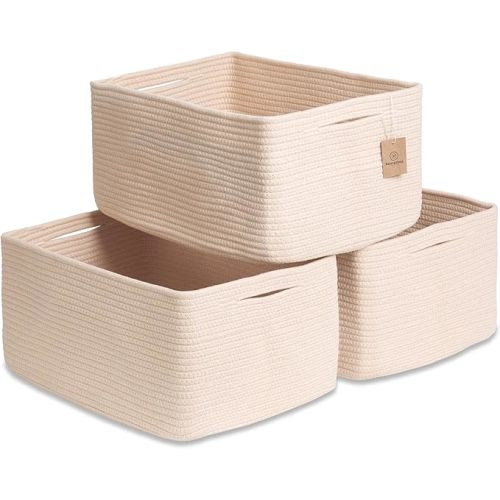 Storage Baskets 16.8”x13”x7.6” Cotton Rope Woven Baskets for Organizing 3-Pack | Toy Storage Bins | Basket for Shelves, Laundry, Blanket, Clothes, Closet, Kitchen, Bathroom, Gifts