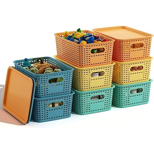 Colorful Plastic Storage Baskets with Lids 8 Pack Stackable Storage Bins Containers for Shelves Organizing, Colored Cute Decorative Storage Boxes for Classroom, Playroom, Closet, Pantry