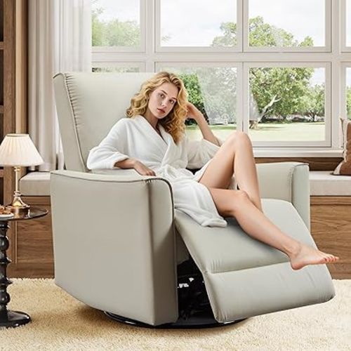 IDEALHOUSE Swivel Rocking Nursery Recliner Chair Rocker Recliner Glider Deep Seat PU Leather Sofa Chair with high Backrest for Nursery, Living Room, Bedroom & Home Movie Theater (Beige)