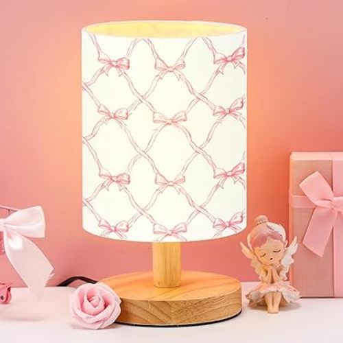 VIHOSE Kids Table Lamp for Bedroom Kids Bedside Lamp with Linen Wooden Nightstand Cartoon Nursery Lampshade for Girls Boys Living Room(Bowknot)