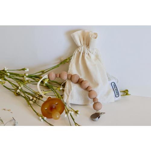 Handmade Wooden Pacifier Clip • Natural Beech Wood & Organic Linen Bag