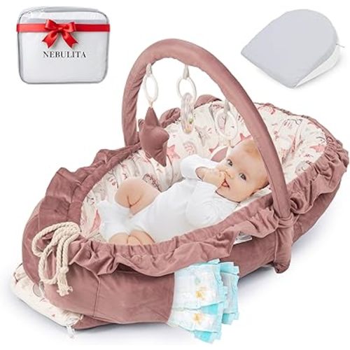 Newborn Lounger Pink - Flexible & Portable w/Infant Support Cushion, Soft & Breathable 100% Cotton - Multi-Use Supervised Baby Lounger for Floor, Travel, Changing Mat Alternative - Premium