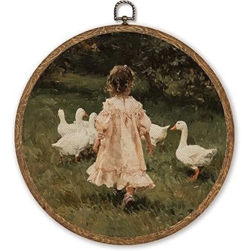 Vintage Pastoral Wall Art Decor, Cottagecore Girl and Geese Round Hanging Artwork, Rustic Farm Landscape Canvas Prints for Living Room Bedroom Nursery, 10 Inch Round Wall Hanging Decor (Green-duck and girl)