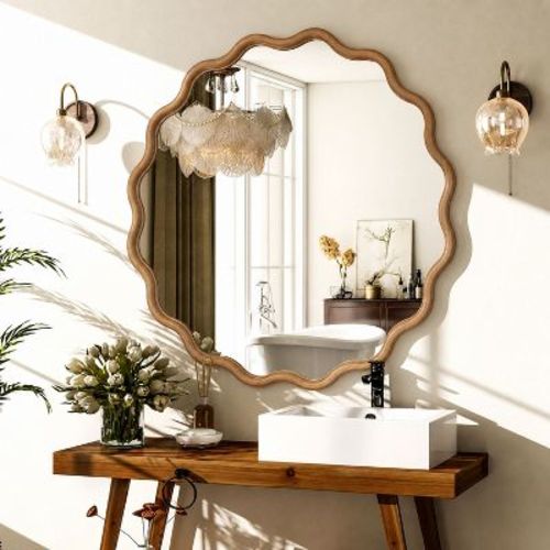 BEAUTYPEAK 30" x 30" Wavy Round Bathroom Mirror Wall Decor with Wooden Frame, Natural Wood