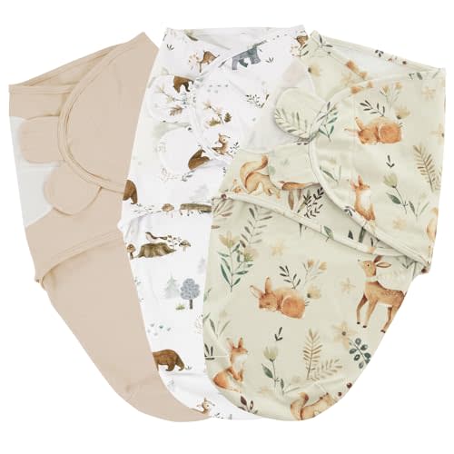PHF 100% Cotton Baby Swaddle Sleep Sacks for Newborn, 3 Pack Soft Breathable Baby Swaddle Sack 0-3 Months for Boys Girls, Easy Adjustable, Blanket Wrap, Newborn Essentials (Woodland)