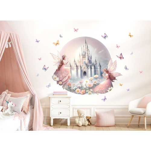 XXL wall sticker castle & fairy wall sticker for children's room round wall sticker girl pink baby room decoration bedroom self-adhesive DL5034