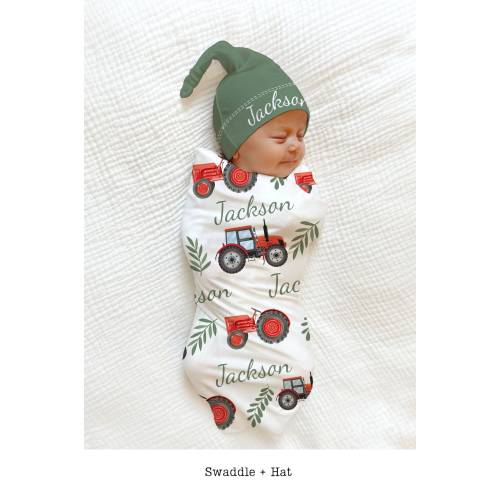 RED TRACTOR - PERSONALIZED Swaddle Baby Blanket Hat - Green Trucks Farm Baby Shower Gift Baby Boy Coming Home Outfit Custom Baby Blanket