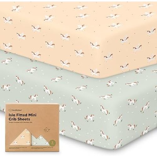 Pack and Play Sheets Fitted - 2-Pack Mini Crib Sheets for Pack N Play Mattress 38x26, Soft & Cozy, Neutral Toddler Playard Bedding, Snug Fitted Mini Baby Crib Mattress Cover Boy, Girl (Lune Mystic)
