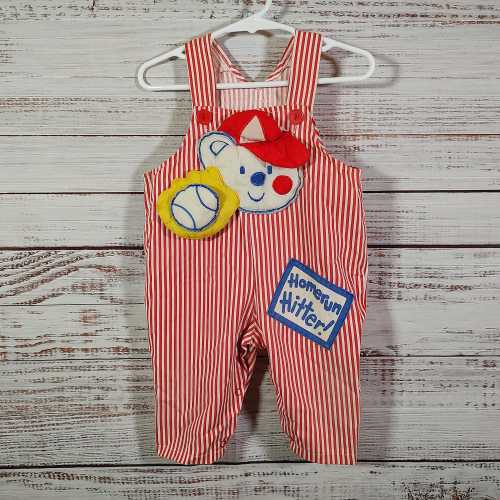 Baby Vintage Denim Overalls / Red White Stripe Baseball Overall / 6M 6 Months 9M 9 Months