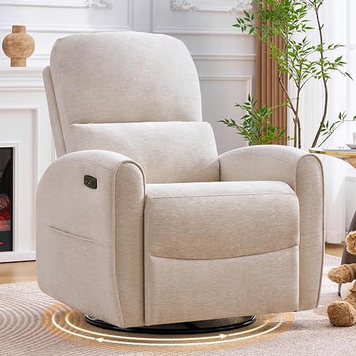 AEMEIOS Power Swivel Rocker Recliner, Swivel Glider Nursery Recliner Chair with Lumbar Support, Upholstered Rocking Electric Recling Chairs for Adults Nursery, Living Room, Bedroom, Chenille Camel