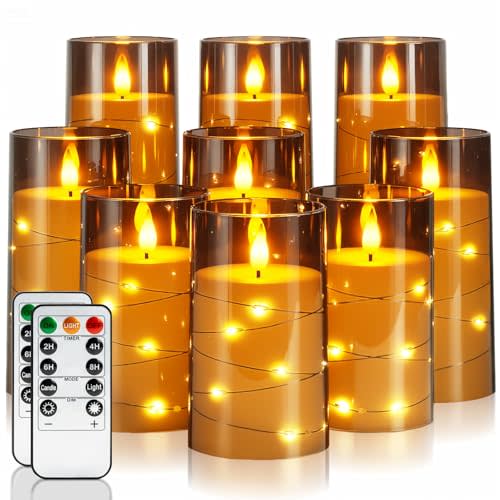 Homemory Flickering Flameless Candles, Fake LED Pillar Candles with Remote | 9 Pack Battery Operated Timer Candles with Embedded Star String Lights for Halloween, Christmas & Indoor Holiday Home Decor