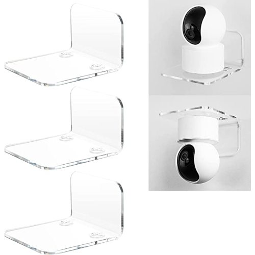 OAPRIRE Acrylic Floating Wall Shelves Set of 3 for Security Cameras, Baby Monitors, Speakers - Universal Small Wall Shelf with Cable Clips, 10-Piece Strong Tapes, No Drill (Clear)