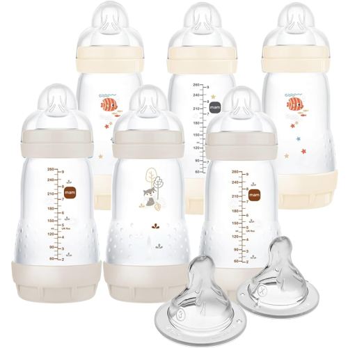 MAM 9oz Easy Start Anti-Colic Baby Bottles, Medium Flow with 2X Bonus Nipples (Fast and Extra Fast Flow), Reduces Colic, Gas, & Reflux, Easy-to-Clean, BPA-Free, 2 Plus Months