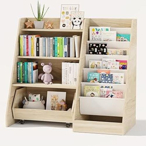 COZPAW Kids Bookshelf and Toy Storage, 4 Tier Toddler Bookshelf with Movable Drawer 5 Sling Pockets, Montessori Book Shelf for Kids Room, Playroom, Nursery (Oak)