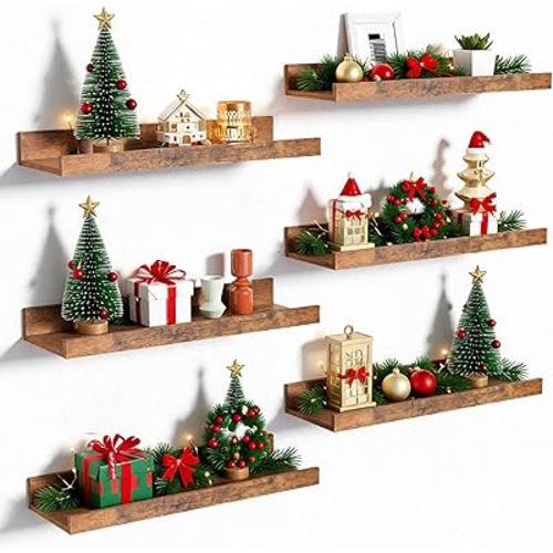 upsimples Floating Shelves for Wall, Wall Shelves for Decor Storage Set of 6, Wall Mounted Wood Shelf for Bedroom, Living Room, Bathroom, Kitchen, Picture Ledge Shelf, Brown