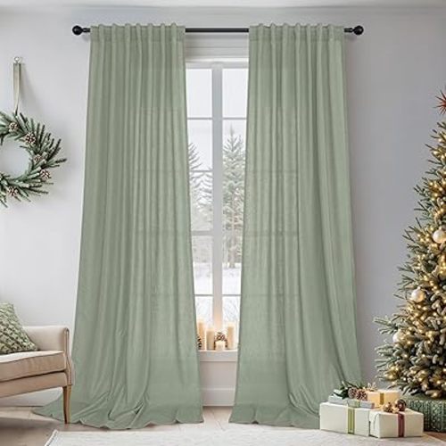 Sage Green Curtains 90 Inches Long for Living Room 2 Panels Back Tab Rod Pocket Casual Flowy Light Reducing Semi Transparent Linen Sheer Light Green Curtain for Bedroom Floor Length Drapes Boho Rustic