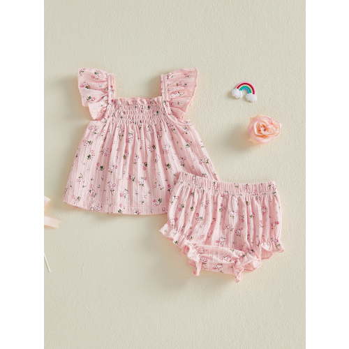 Loicainy Infant Baby Toddler Girls Summer Outfits 3 6 12 18 Months Flying Sleeve Square Neck Floral Print Vest Tops and Elastic Waist Bloomer Shorts