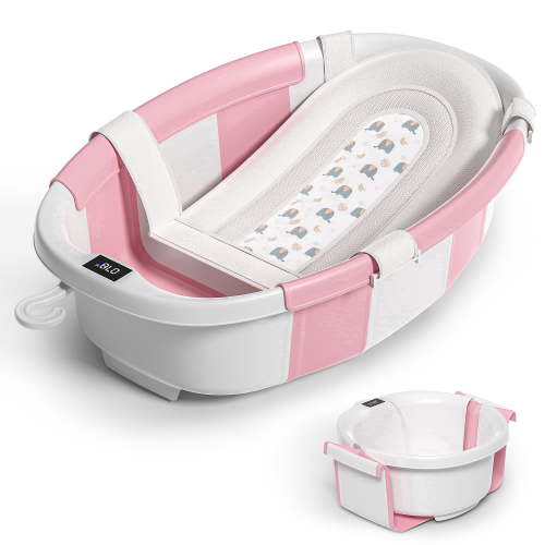 Collapsible Baby Bathtub with Soft Cushion and Thermometer-Pink